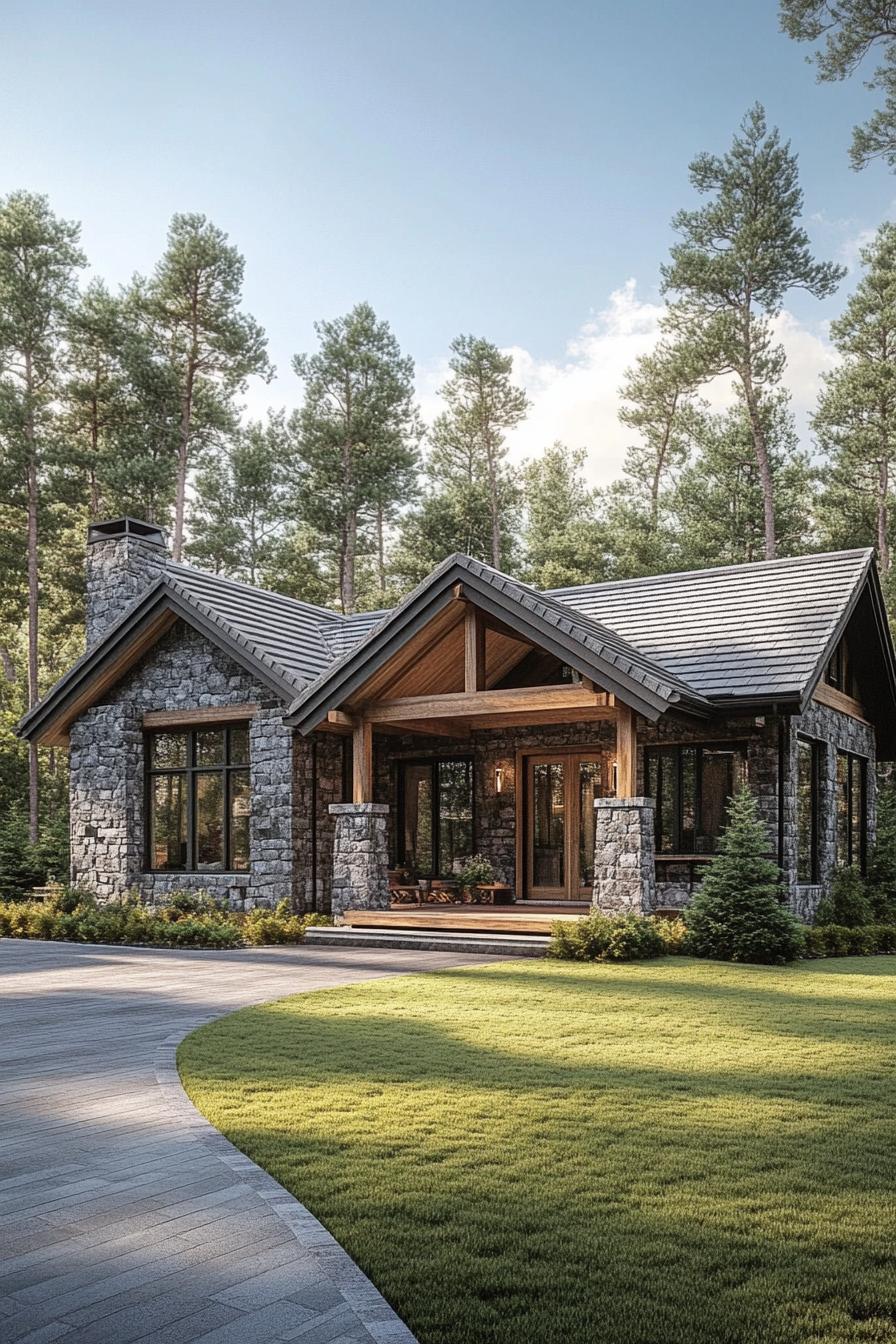 Rustic stone house amidst tall trees