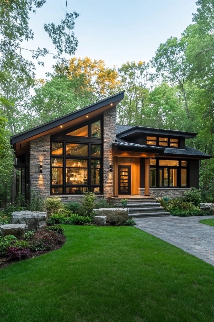 Sleek one-story home with large windows in a lush setting