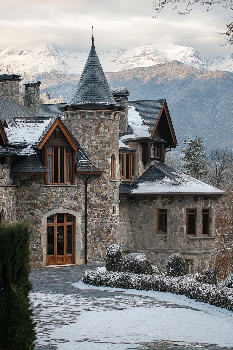 modern stone manor with stone shingled roof with gables modern windows