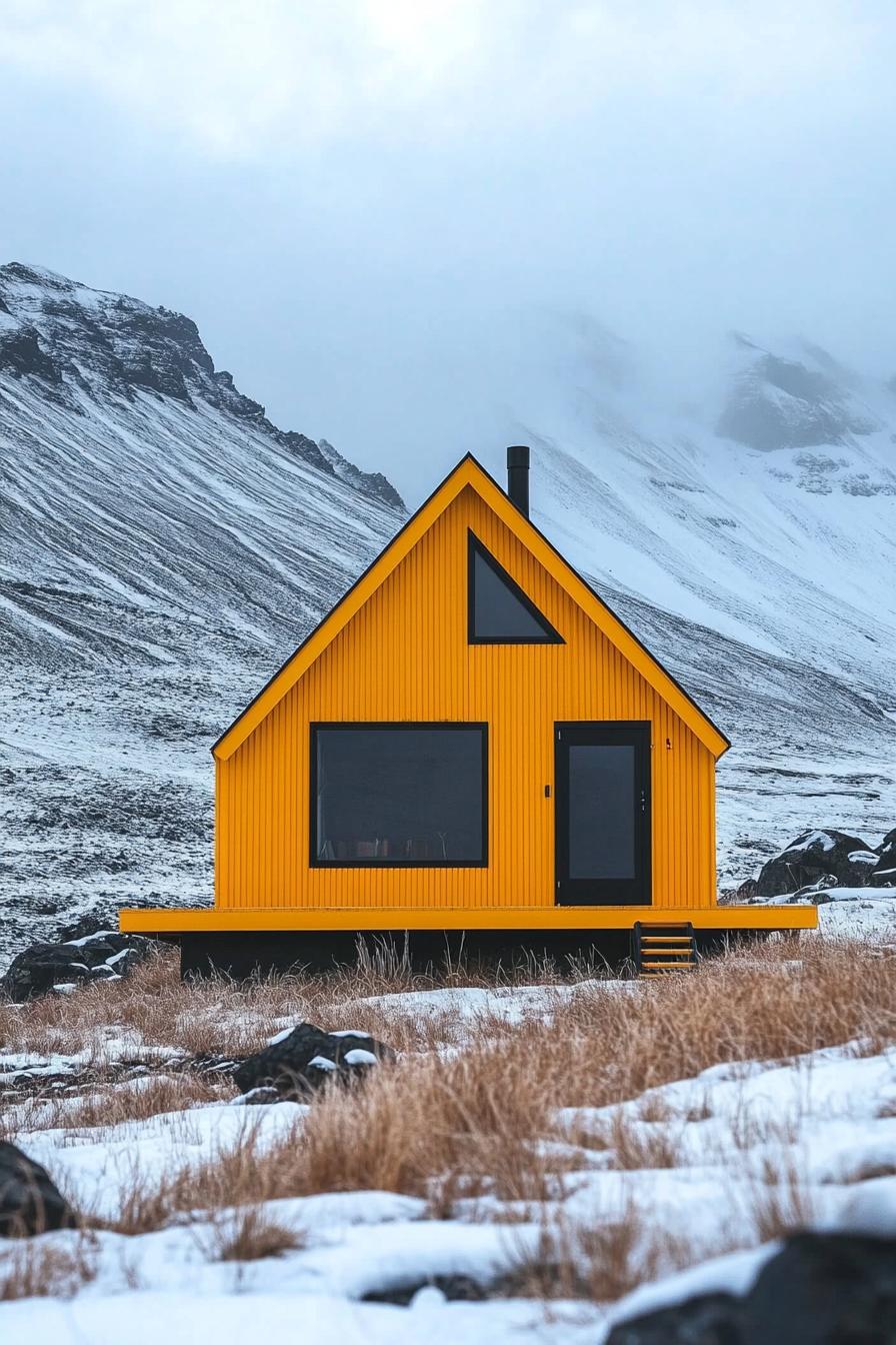 Bright yellow cabin with triangular roof in snowy landscape