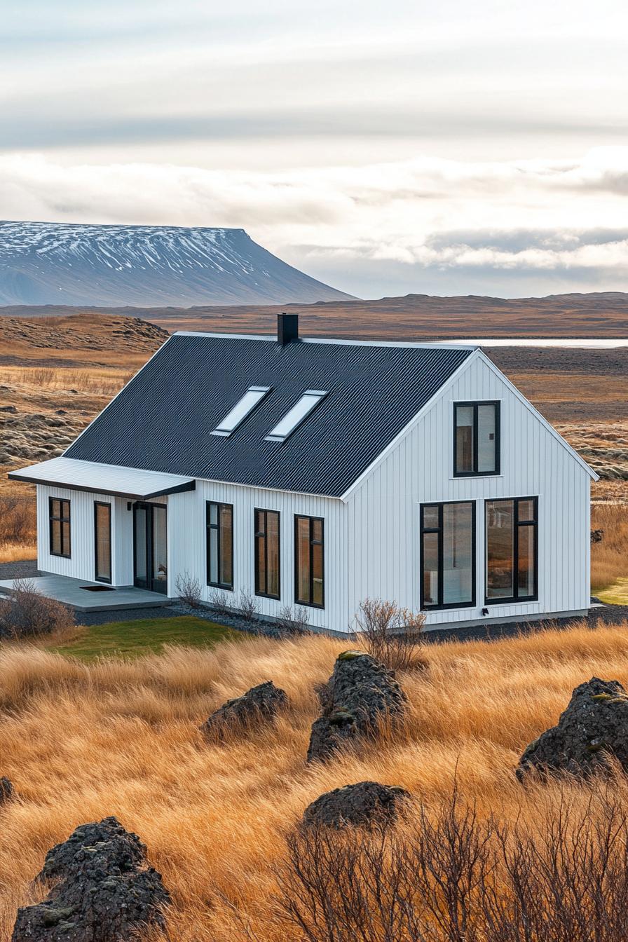 White modern house amidst a scenic landscape