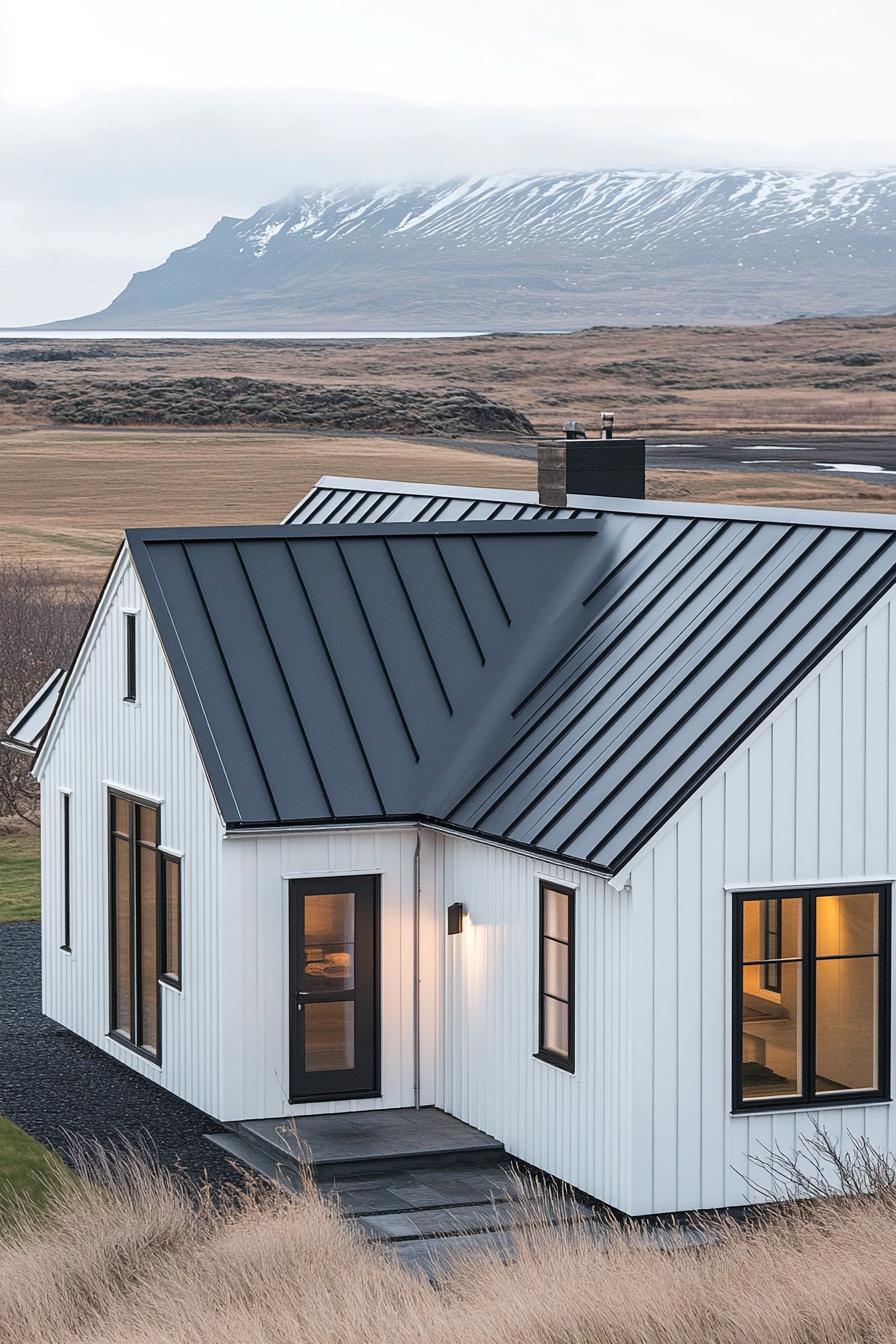 Modern white house with a black roof in a vast open landscape