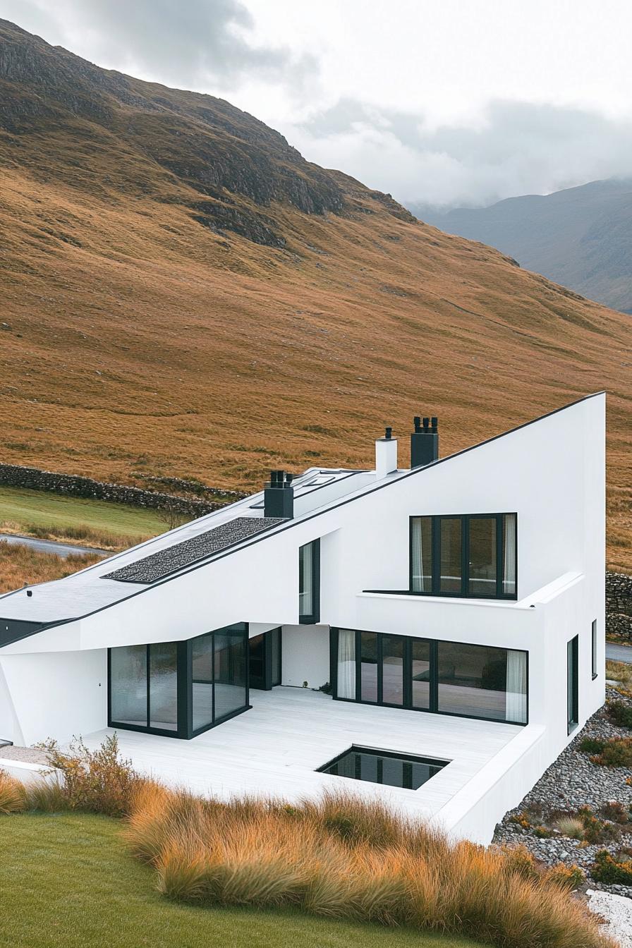 high angle view of a modern house with geometric white facade with large roof terrace Scotland highlands