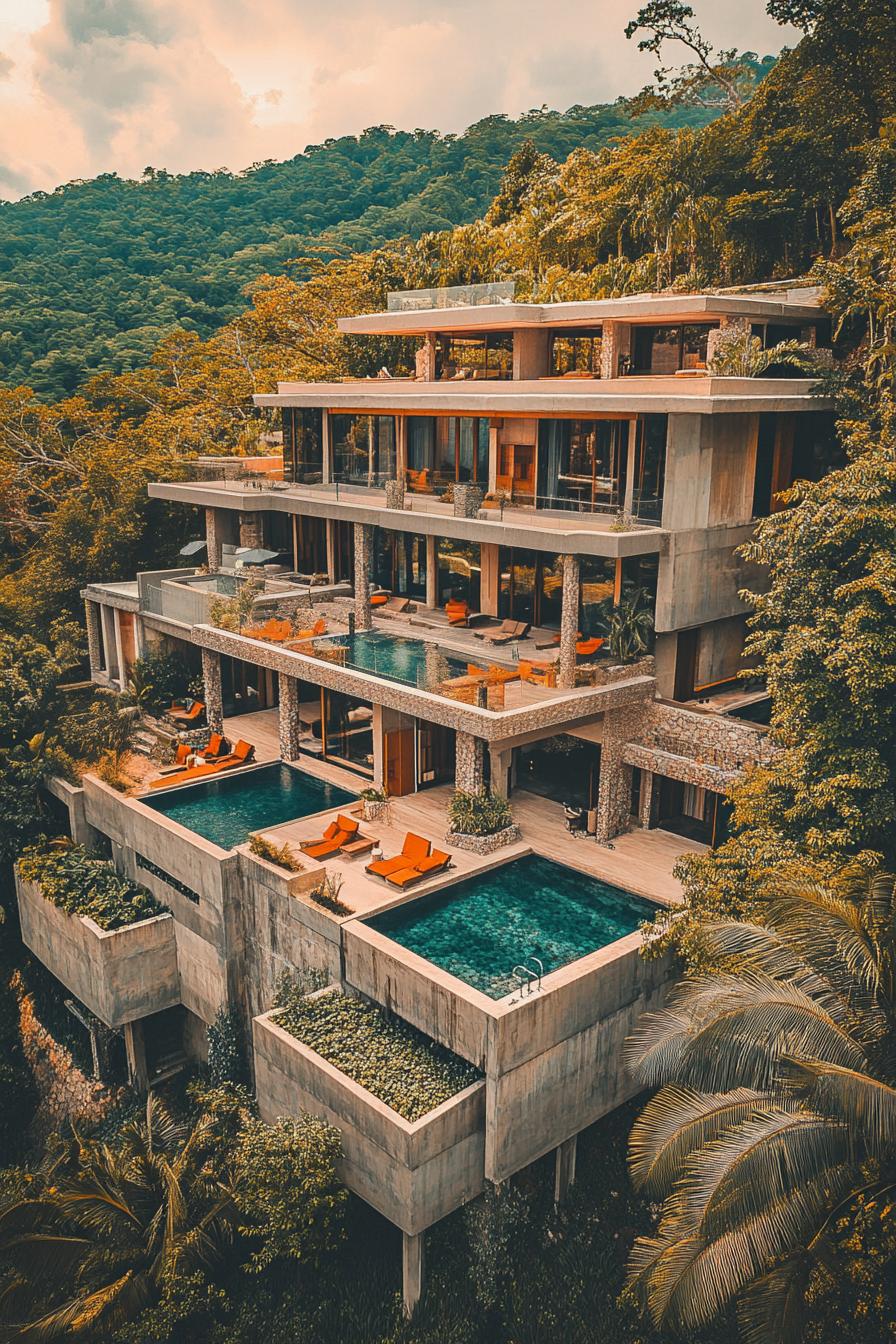 high view angle of a hillside mansion in tropical mountains concrete facade with multiple terraces with glass railings v 6.1