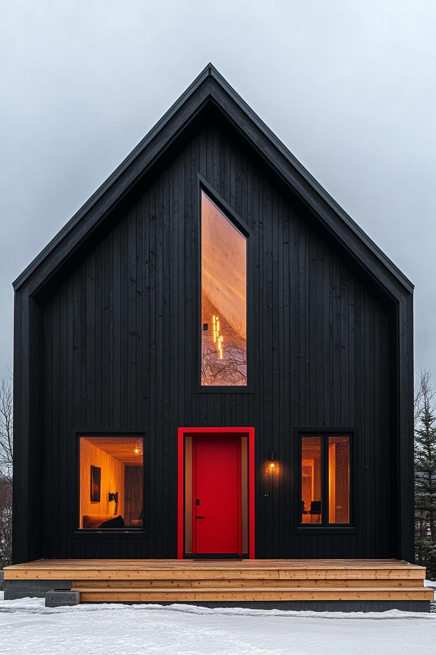 Modern black wood facade with red door