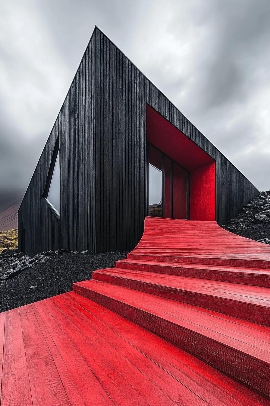 Bold black facade with vivid red pathway