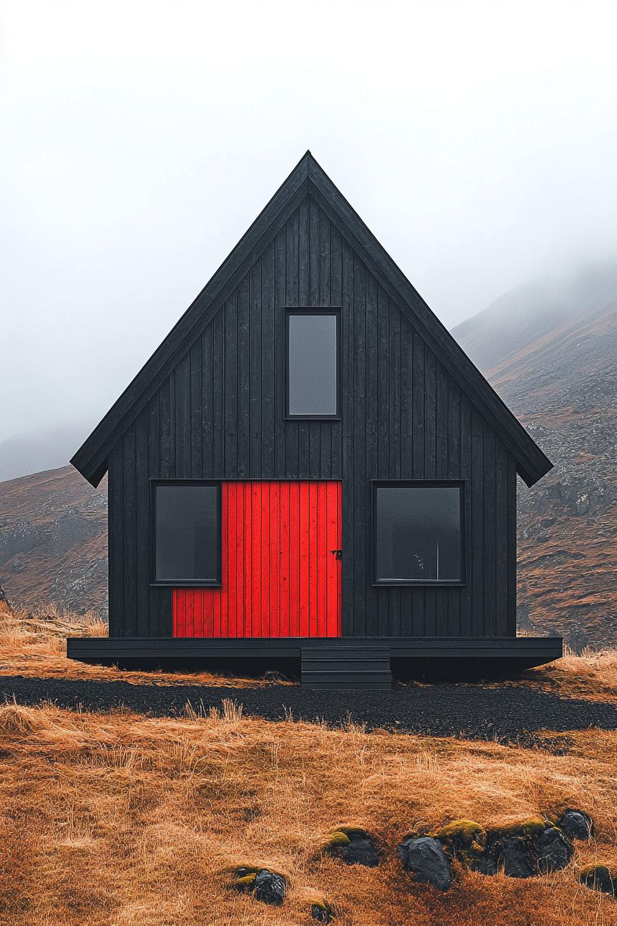 Black wooden house with a bright red door