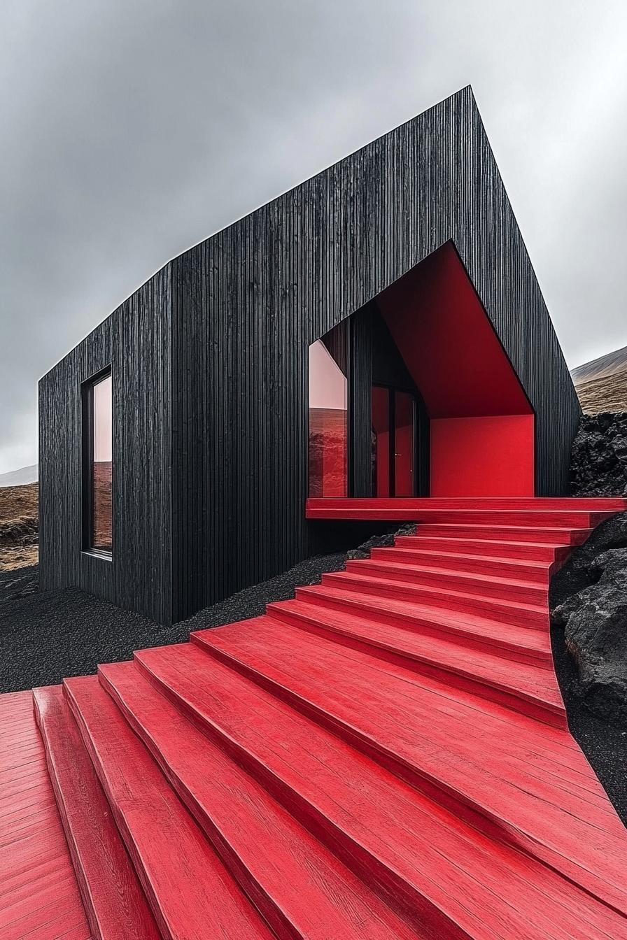 Modern house with black wood and red accents