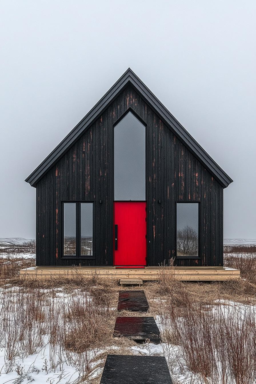 Bold red door on a modern black-clad cabin