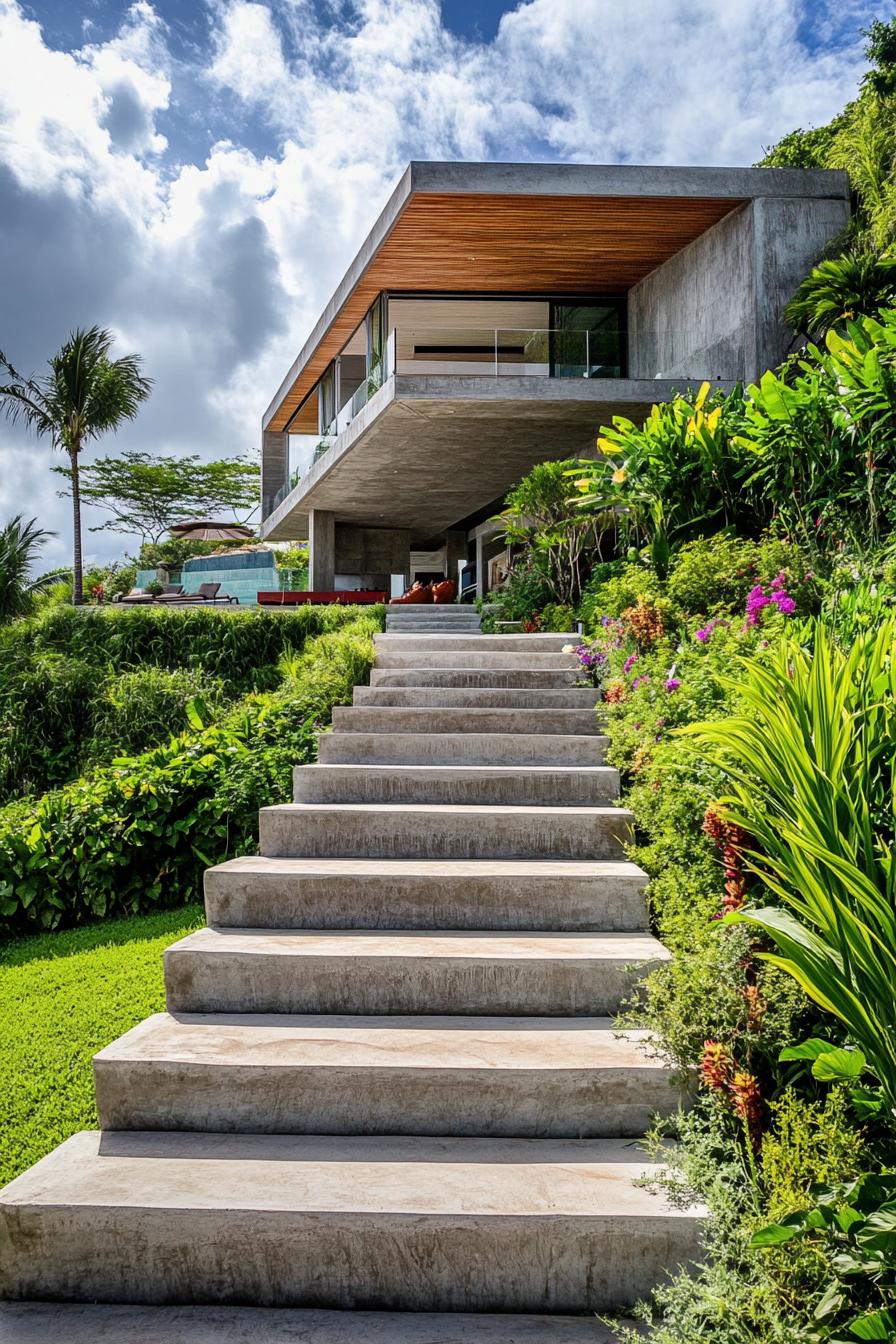 terraced modern villa on steep slope concrete steps run along the slope on the side of the villa terraces