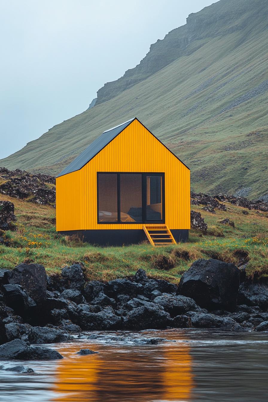 Yellow cabin with large window near rocky terrain and water