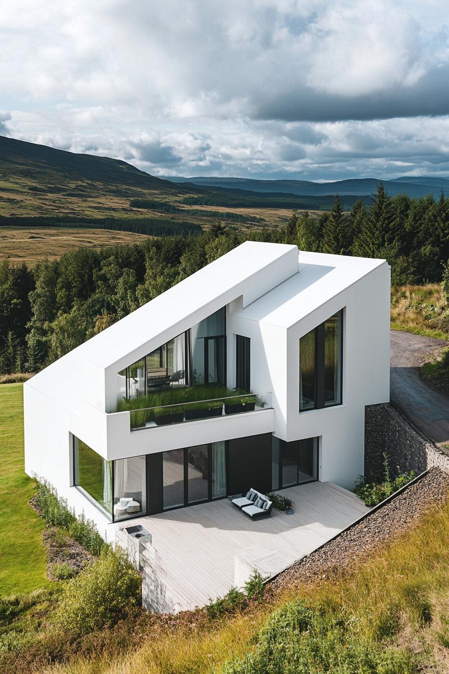 high angle view of a modern house with geometric white facade with large roof terrace glass railings v 6.1