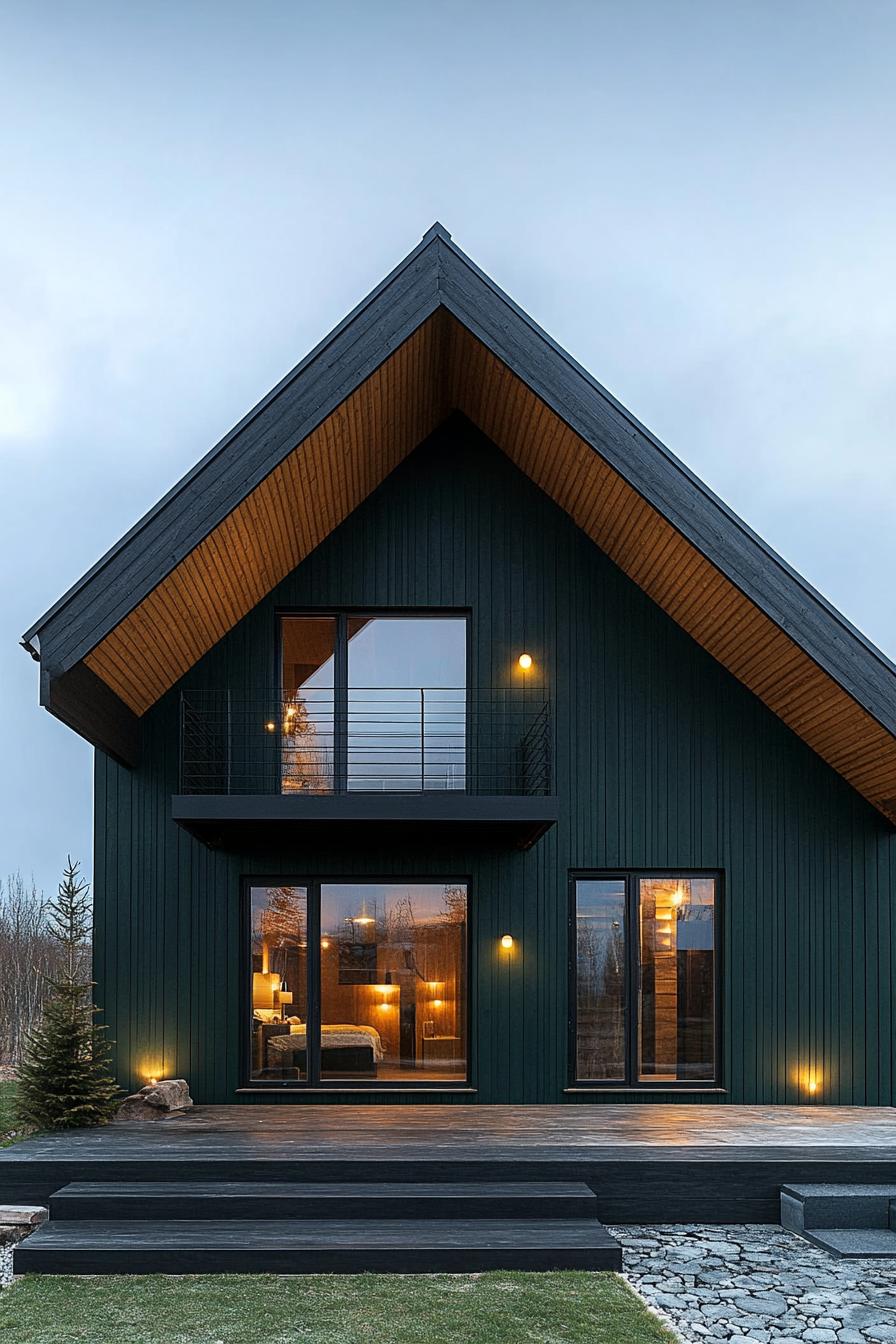 Modern cabin with dark wood finish and large windows