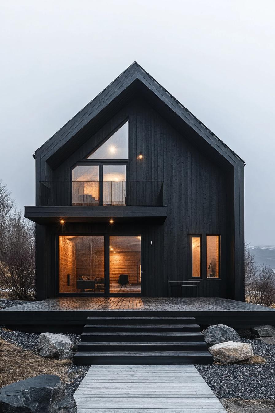 Charcoal wood house with large windows aglow