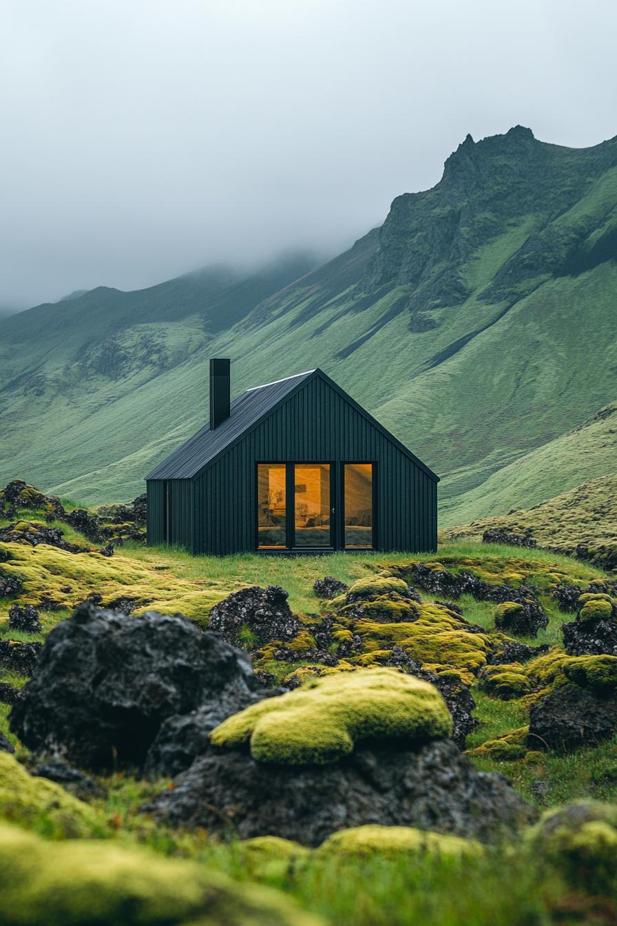 Cozy cabin nestled amidst mossy rocks and misty mountains