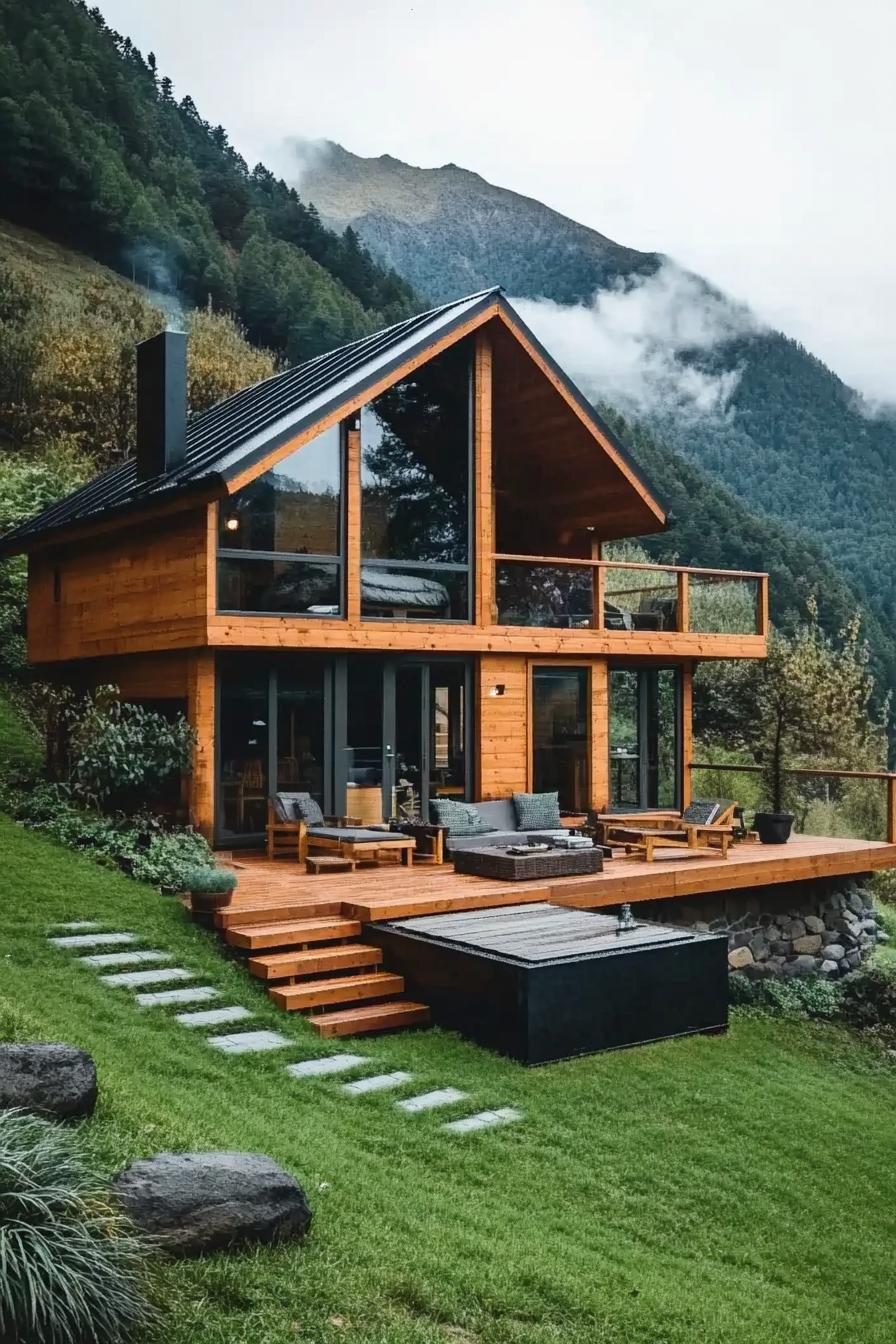 modern moutain forest cabin built onto a green slope with patio deck on the bottom of the slope the house has a glacony and full wall windows there 1