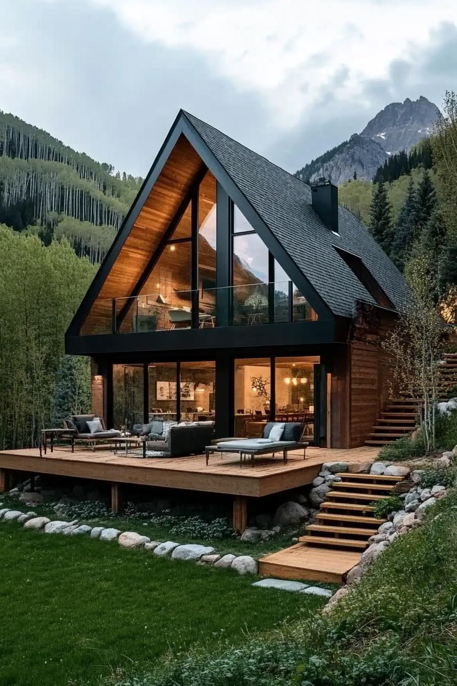 modern moutain forest cabin built onto a green slope with patio deck on the bottom of the slope the house has a glacony and full wall windows there