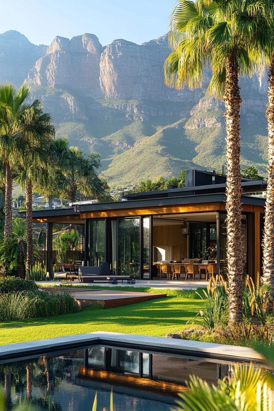 Contemporary home with glass walls and patio amidst palm trees