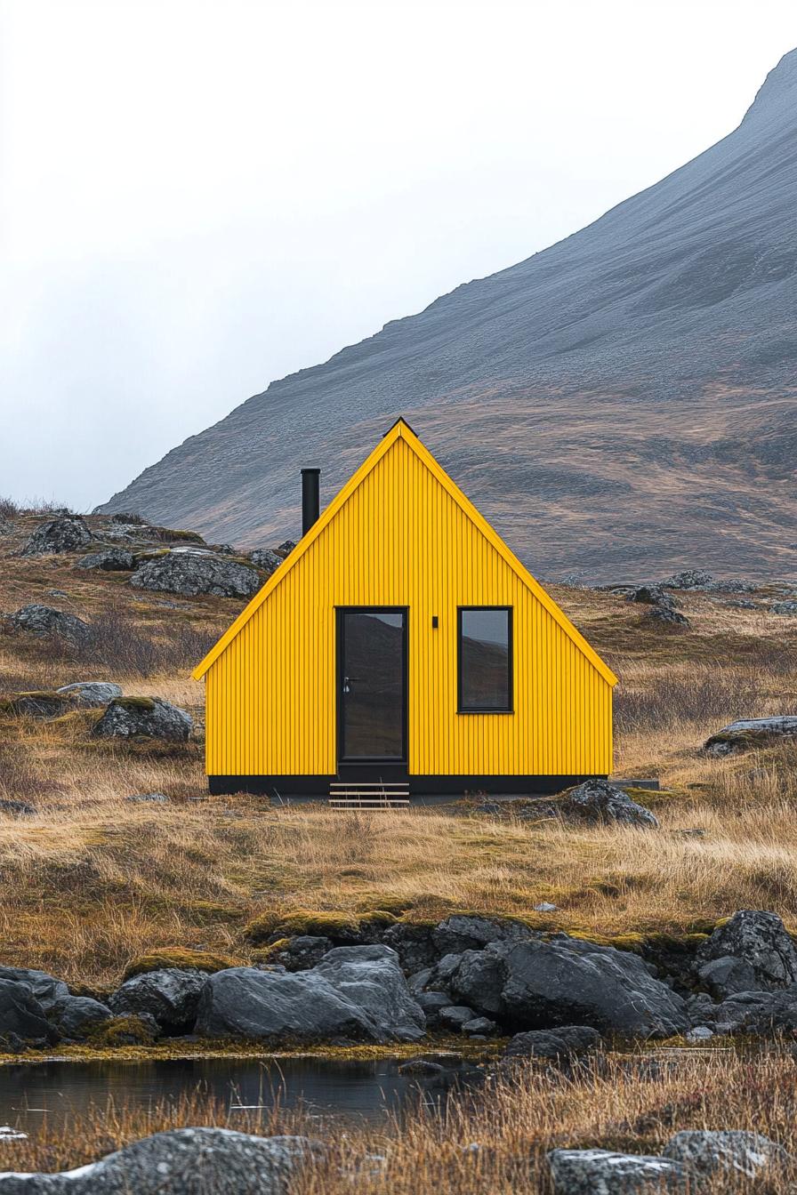 Yellow cabin tucked in rocky terrain, with a mountain view