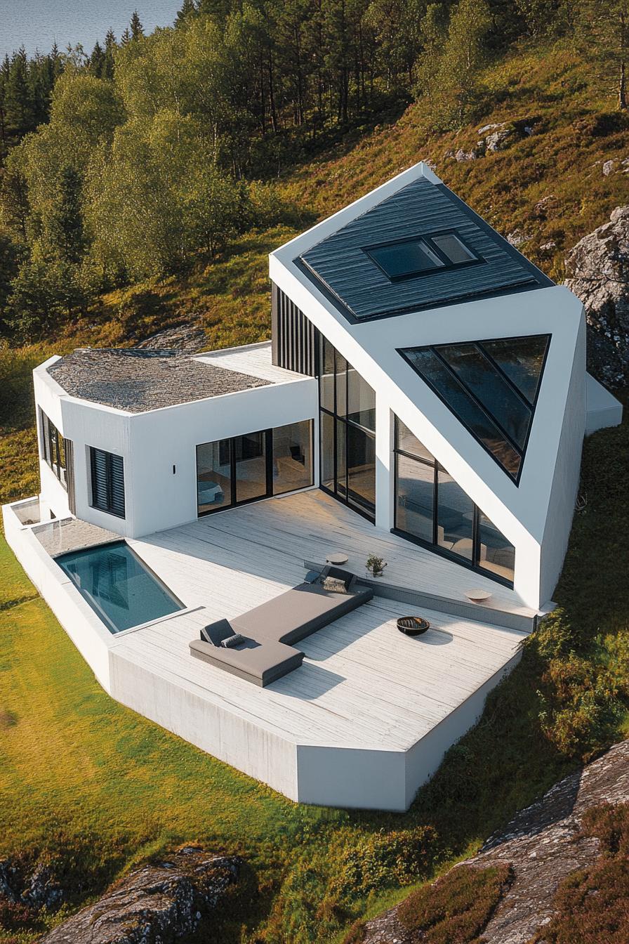 high angle view of a modern house with geometric white facade with large roof terrace clean deck v 6.1