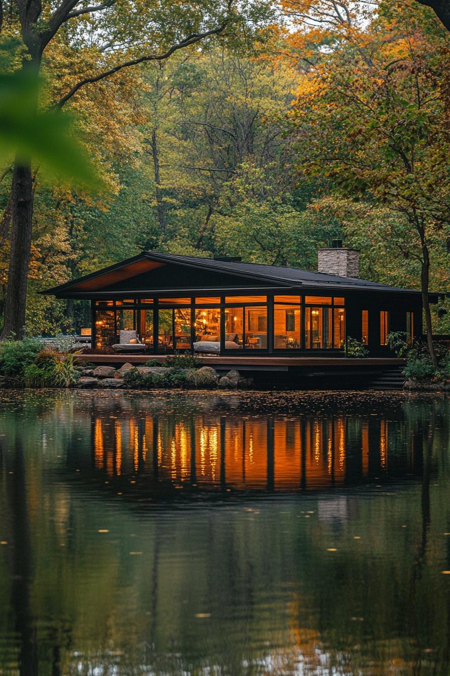 Single-story modern house glowing by a lake