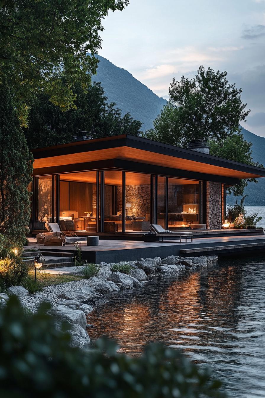 Sleek, glass-walled home by a tranquil lake