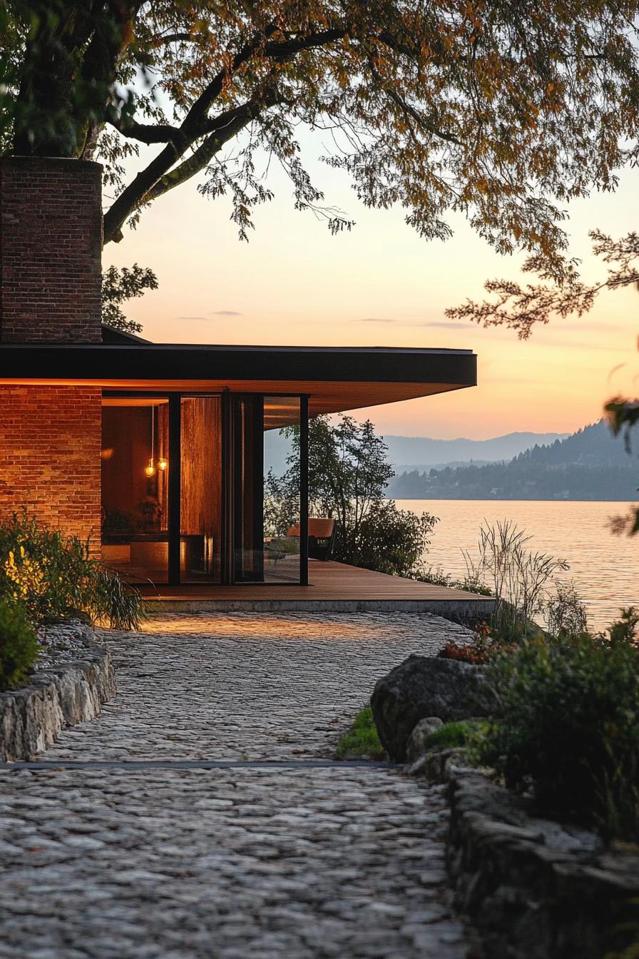 Modern house by a lake at sunset