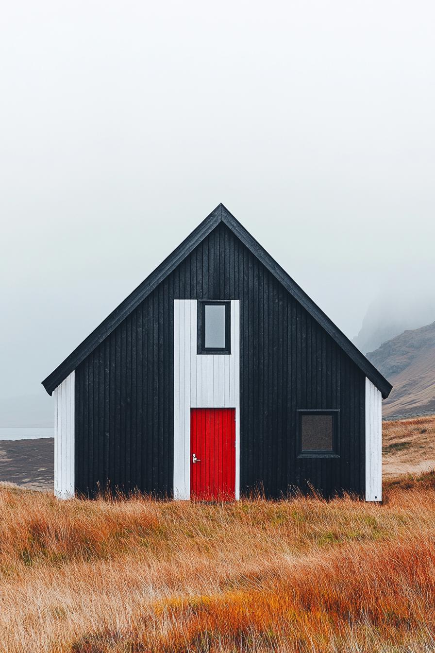 Wooden house with bold red door in a misty field