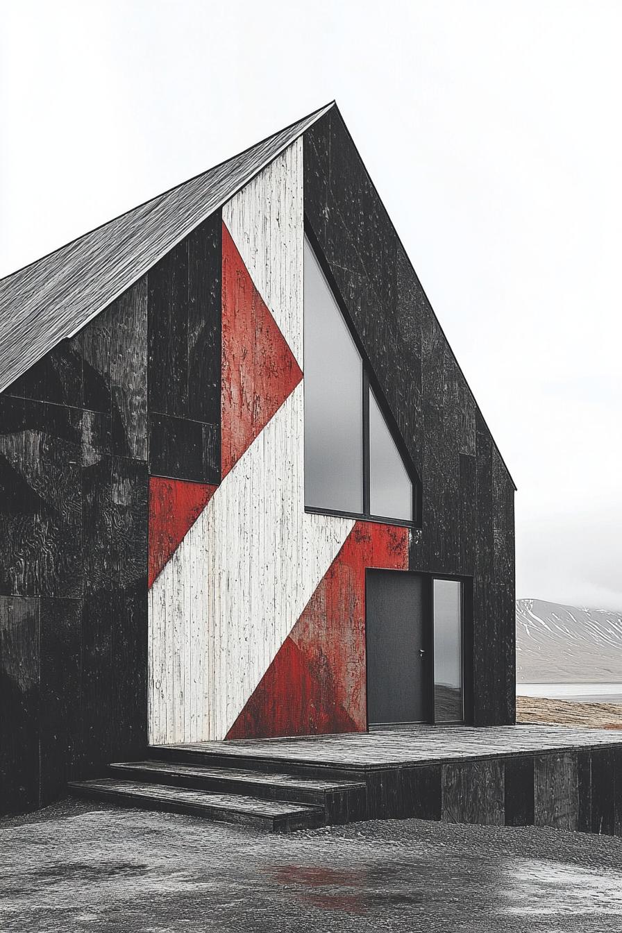 Modern house with black, white, and red geometric wood facade