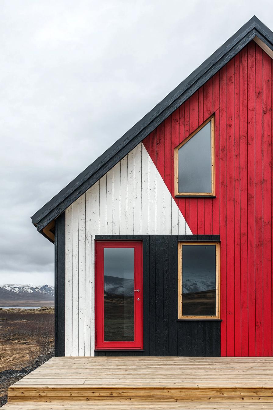 A vibrant, geometric house facade with red, white, and black panels