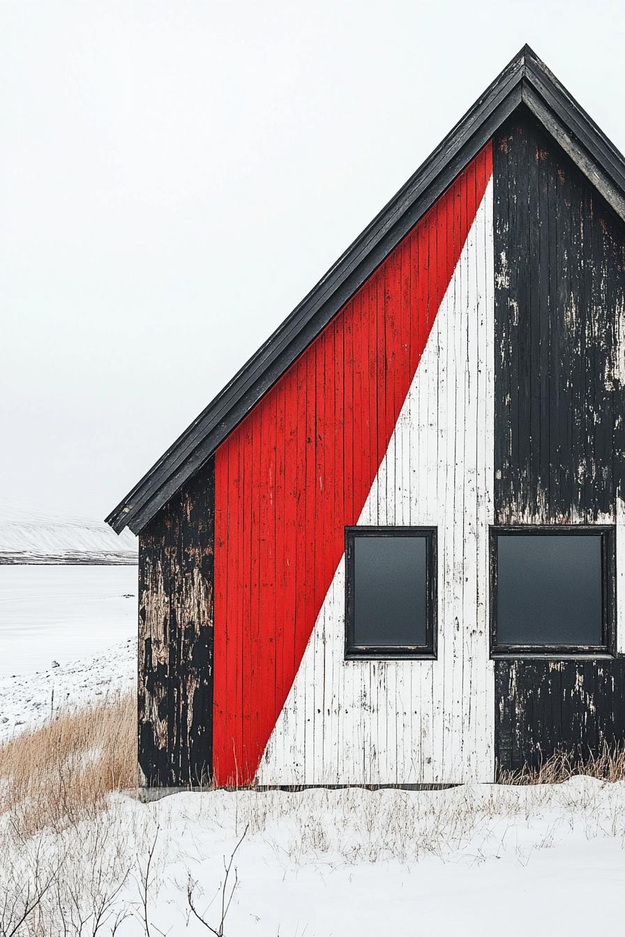 Crisp black, white, and red diagonal stripes on wooden facade