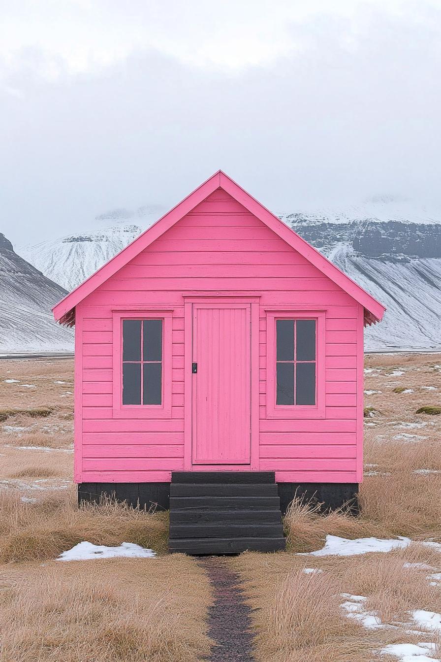 Vibrant pink cabin set in a snowy landscape with mountains in the background