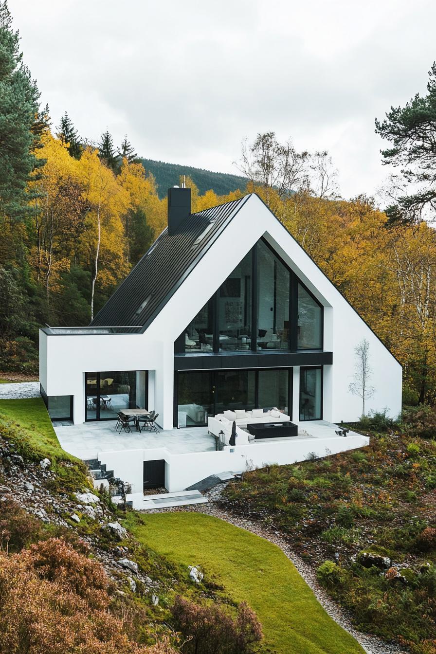 high angle view of a modern house with geometric white facade with black roof modern patio furniture v 6.1