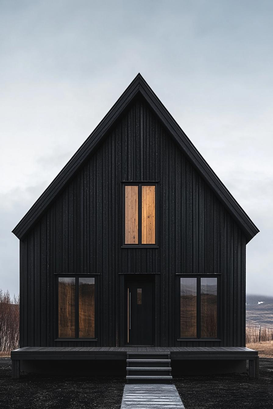 Dark, wood-clad house with glowing windows against a cloudy sky