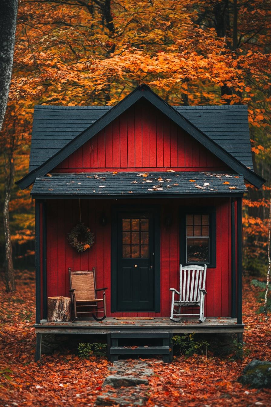 Small red cabin with black roof surrounded by fall foliage