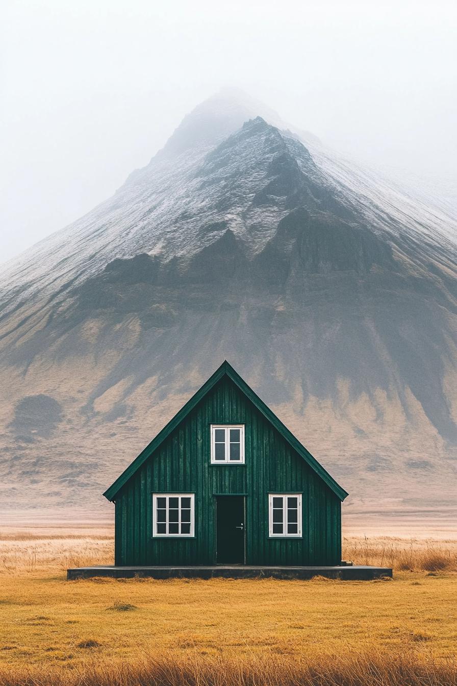 Green cabin in front of a misty mountain