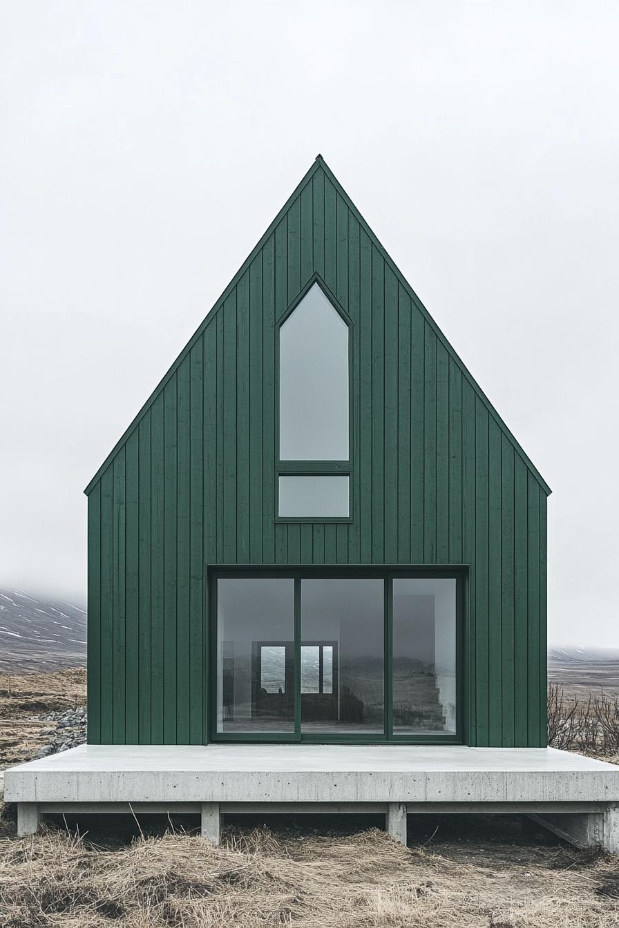 Green timber house with large windows set in a barren landscape