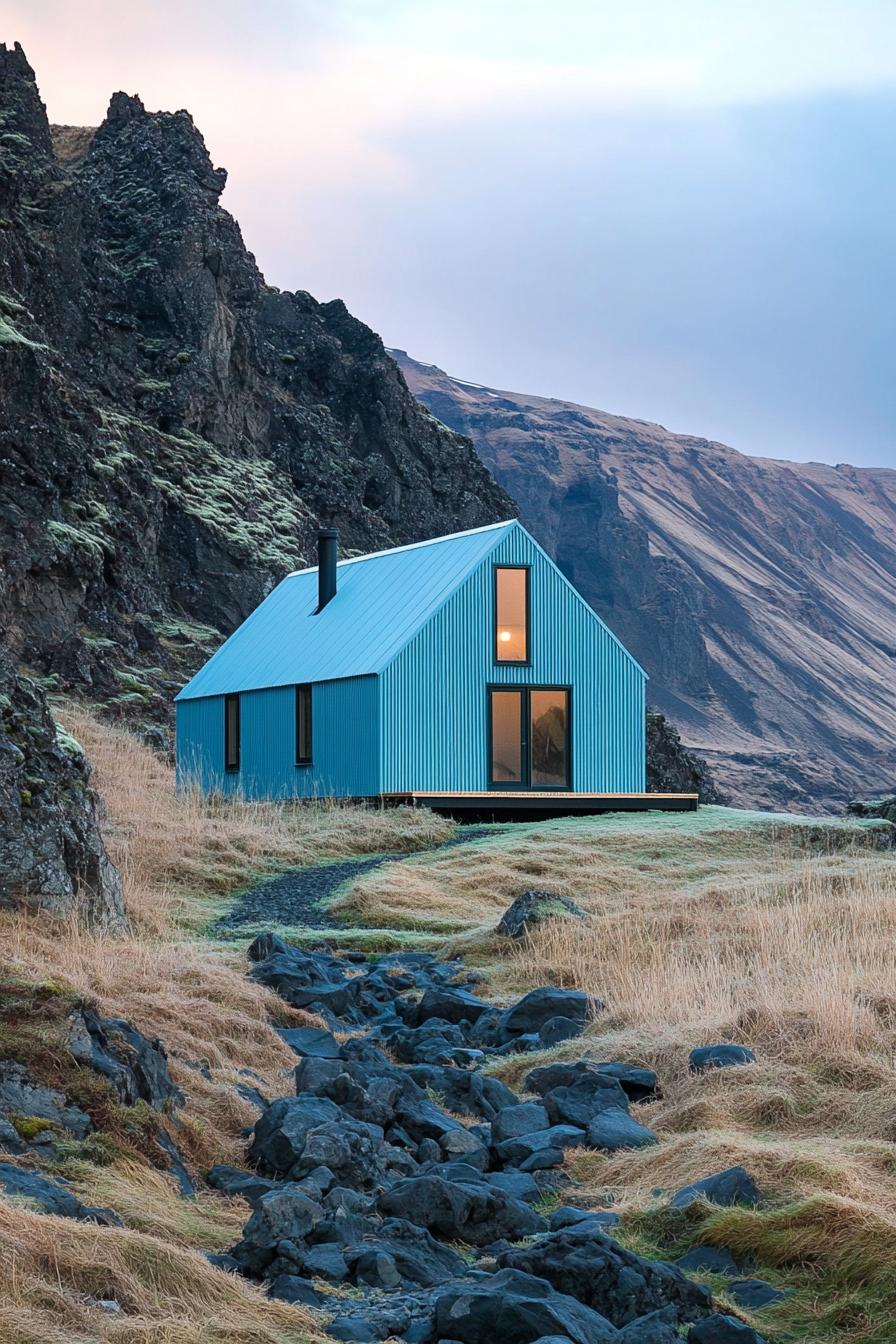 Small blue cabin nestled among rocky cliffs and grass