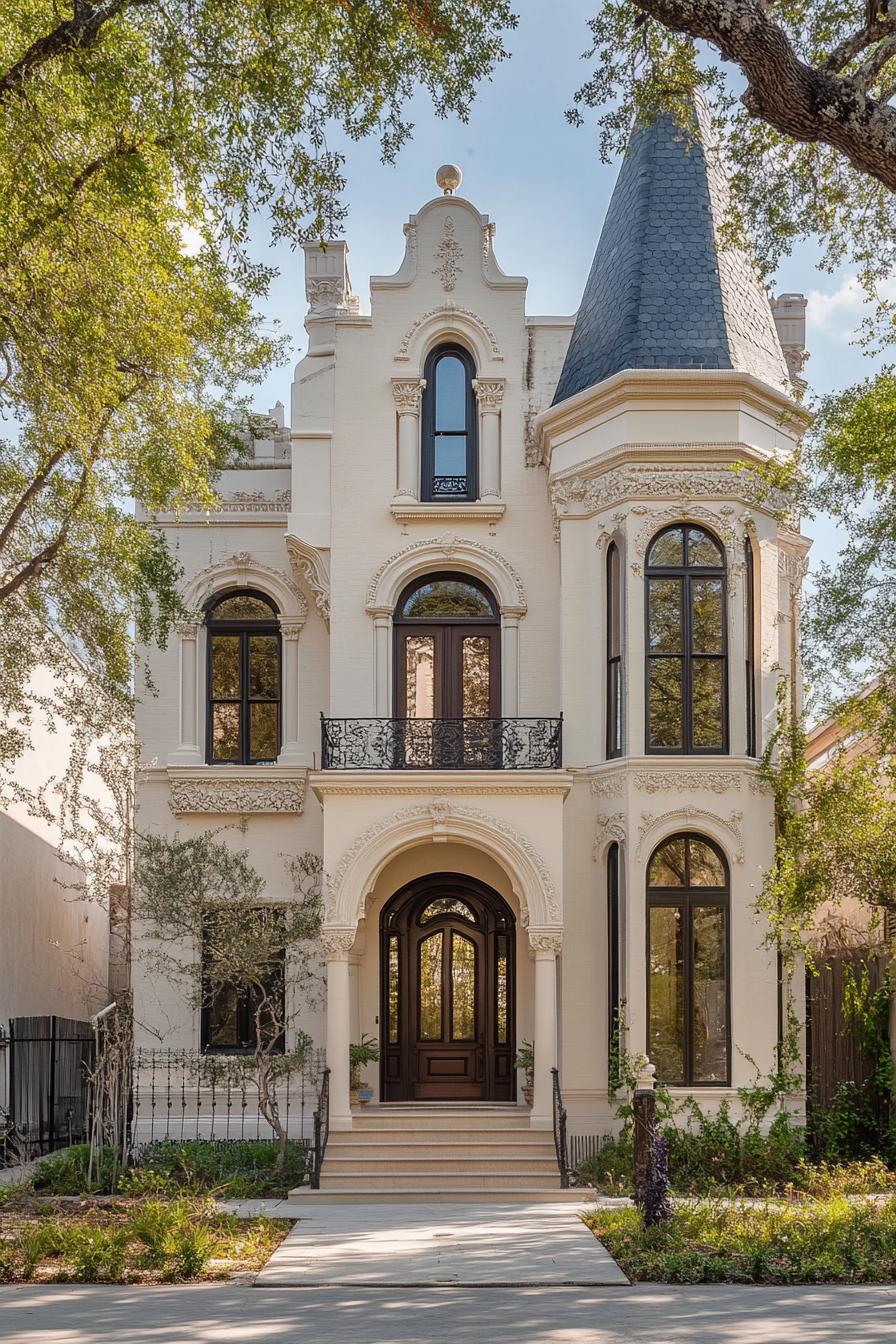 Victorian mansion symmetrical facade with turrets many arched windows creamy stucco iron railings v 6.1