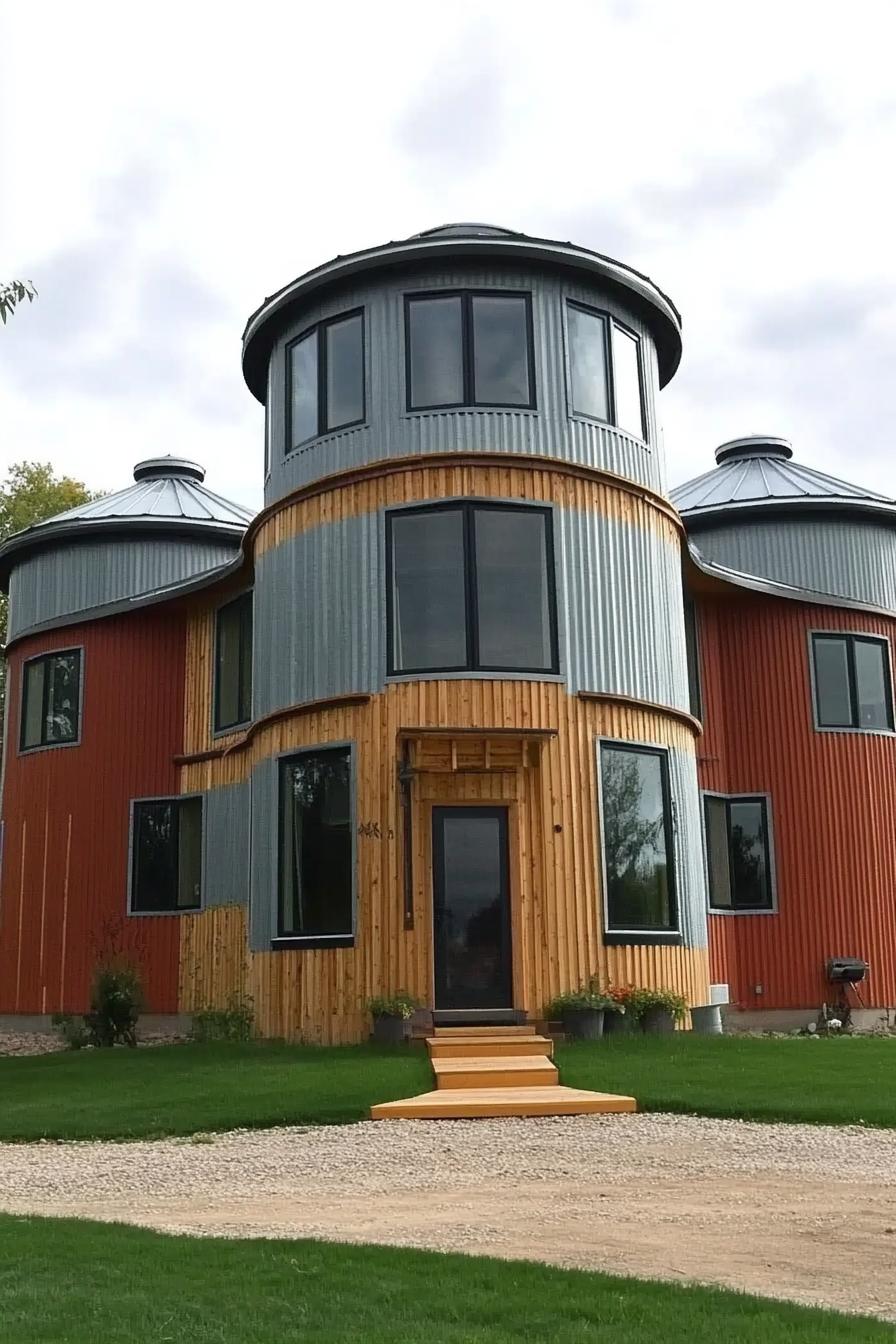 a house built from three grain silos connected with wooden post and beam structure it has modern windows 1