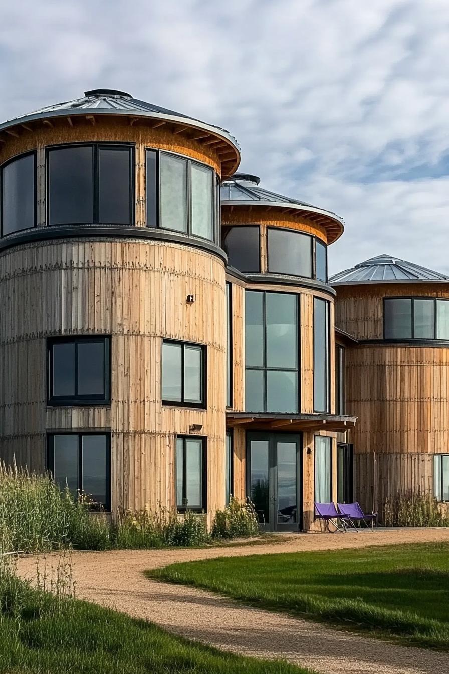 a house built from three grain silos connected with wooden post and beam structure it has modern windows 2