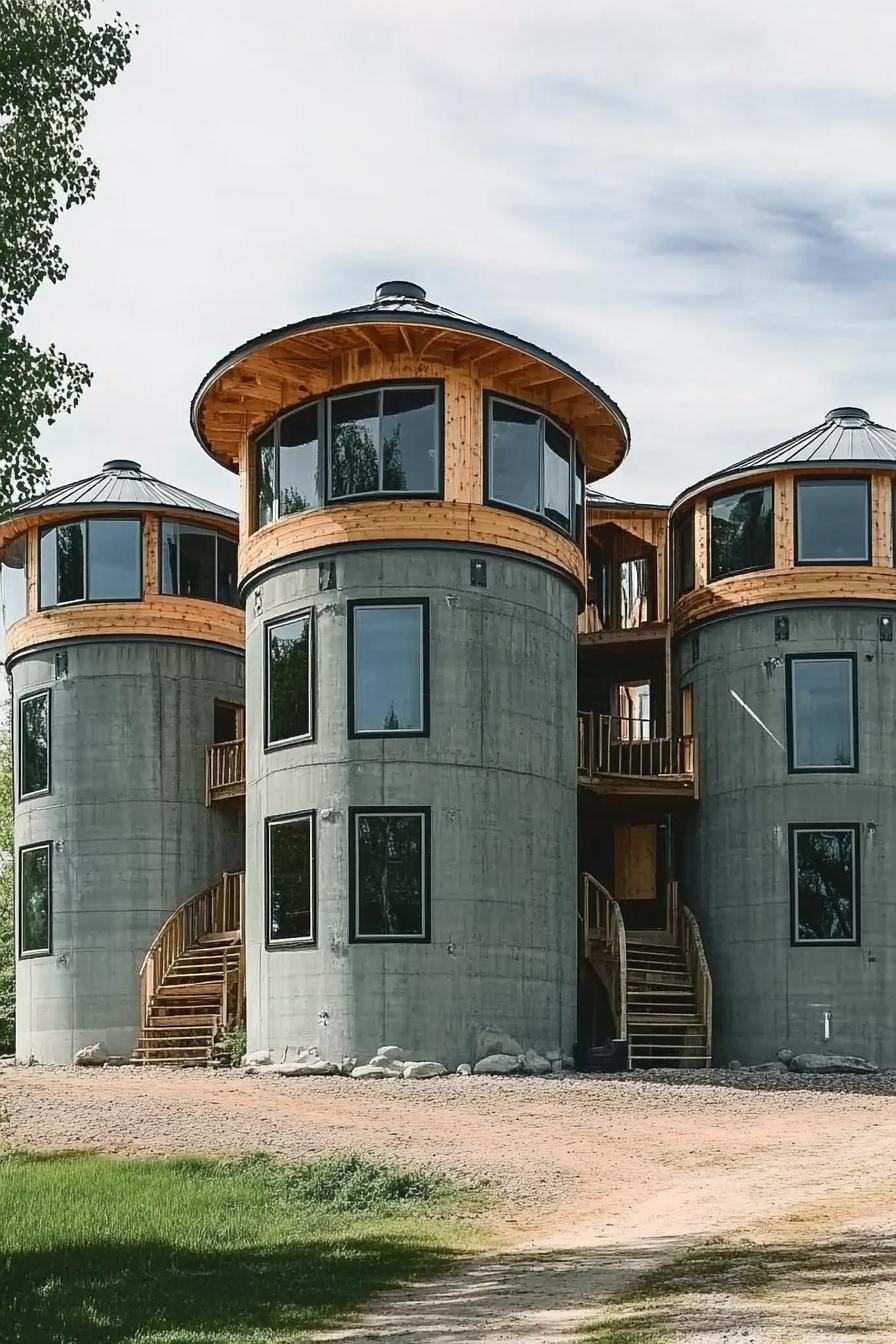 a house built from three grain silos connected with wooden post and beam structure it has modern windows 3