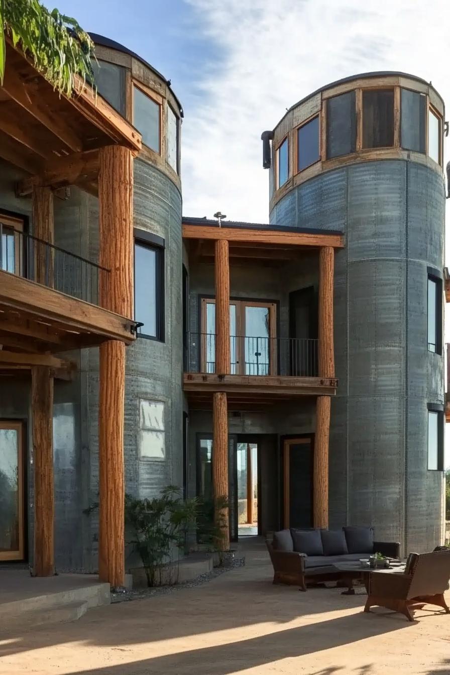 a house built from three grain silos connected with wooden post and beam structure it has modern windows