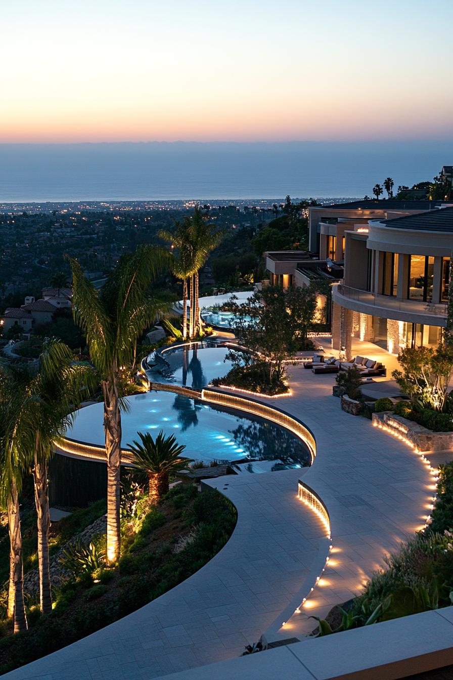 areal view of a massive moderd mansion complex consists of several modern mansion buildings and large pools landscaping with paving and tall palms 3