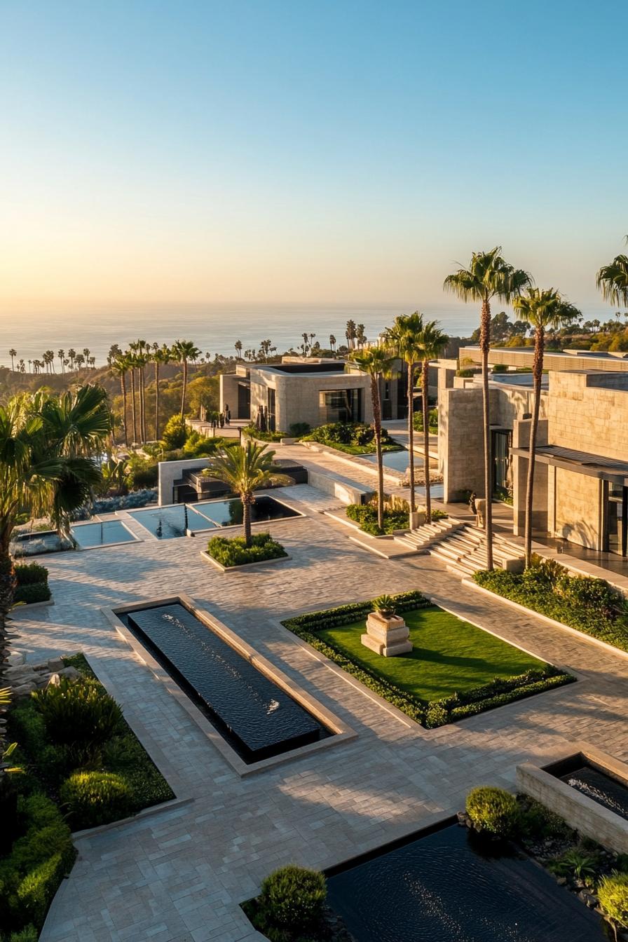 areal view of a massive moderd mansion complex consists of several modern mansion buildings and large pools landscaping with paving and tall palms