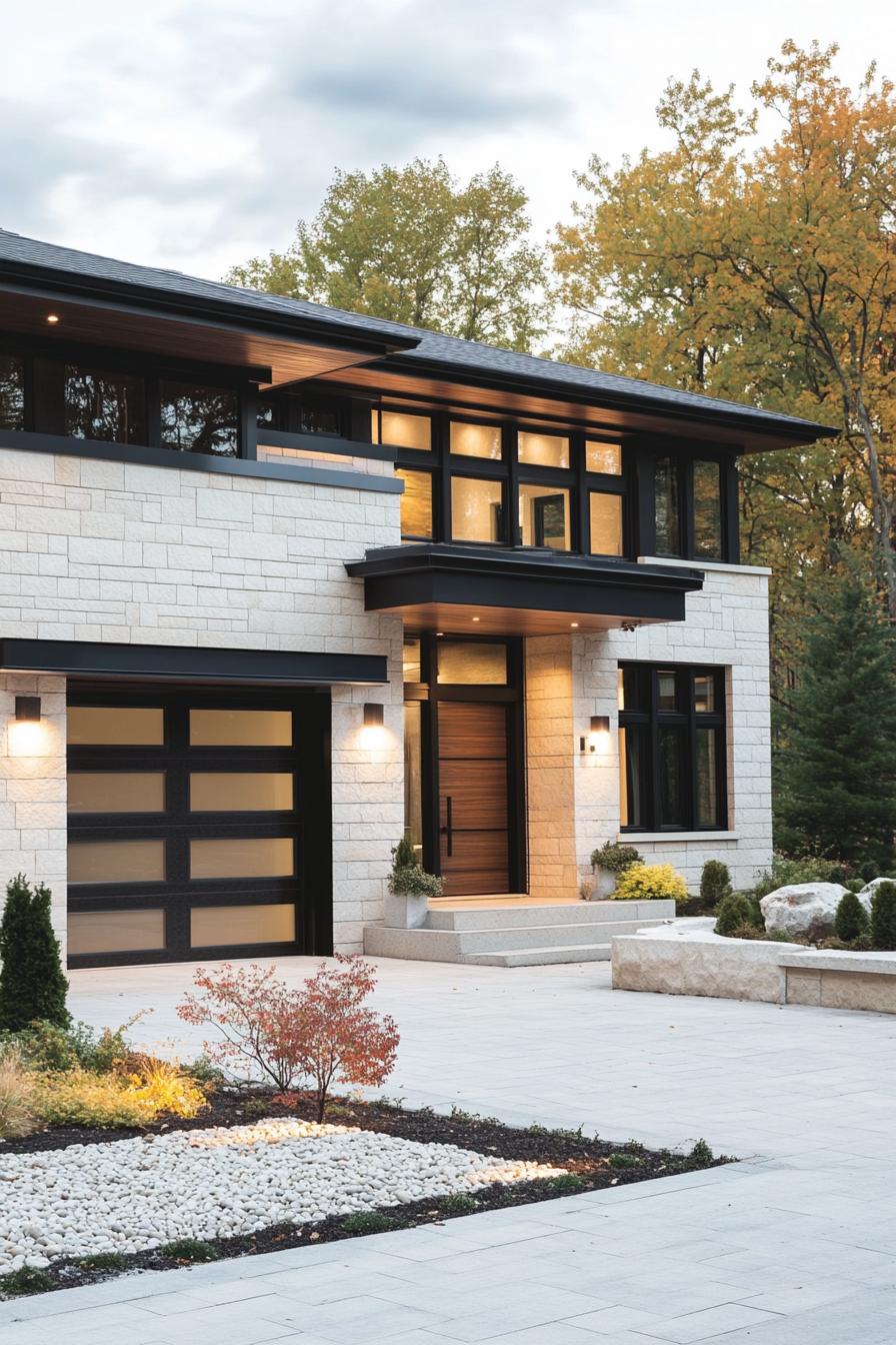 contemporary house exterior with flat roof white stone brick siding dark stained wood accents wooden garage and front door full wall modern 1