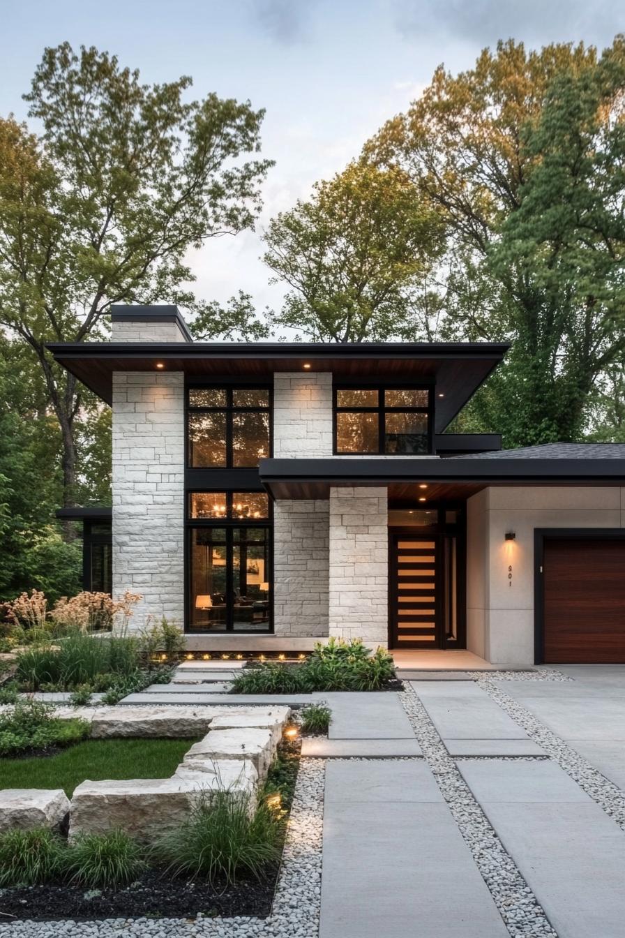 contemporary house exterior with flat roof white stone brick siding dark stained wood accents wooden garage and front door full wall modern 2