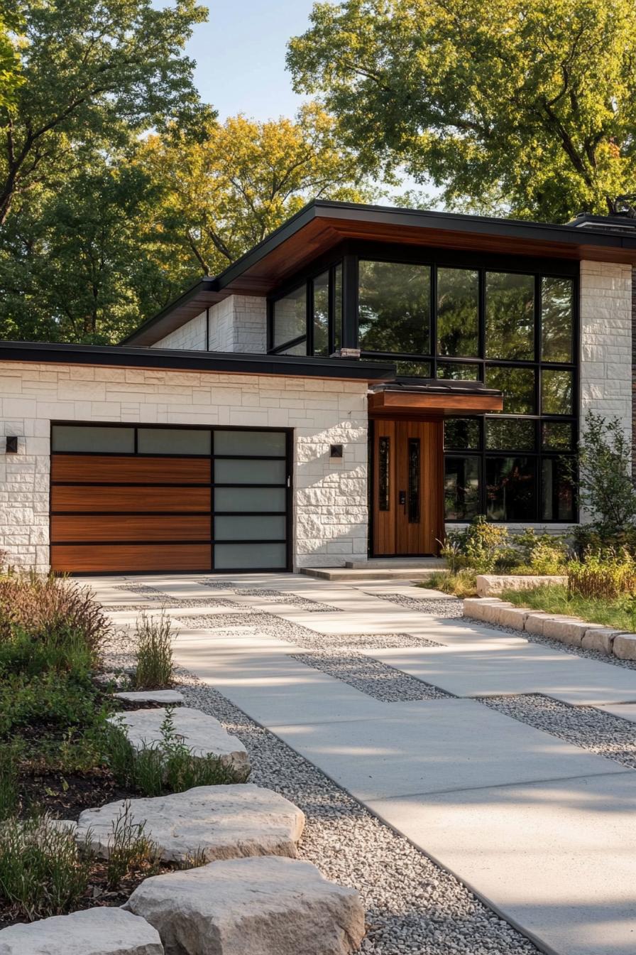 contemporary house exterior with flat roof white stone brick siding dark stained wood accents wooden garage and front door full wall modern 3