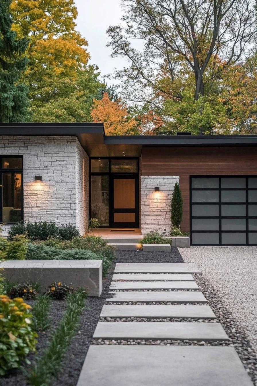 contemporary house exterior with flat roof white stone brick siding dark stained wood accents wooden garage and front door full wall modern