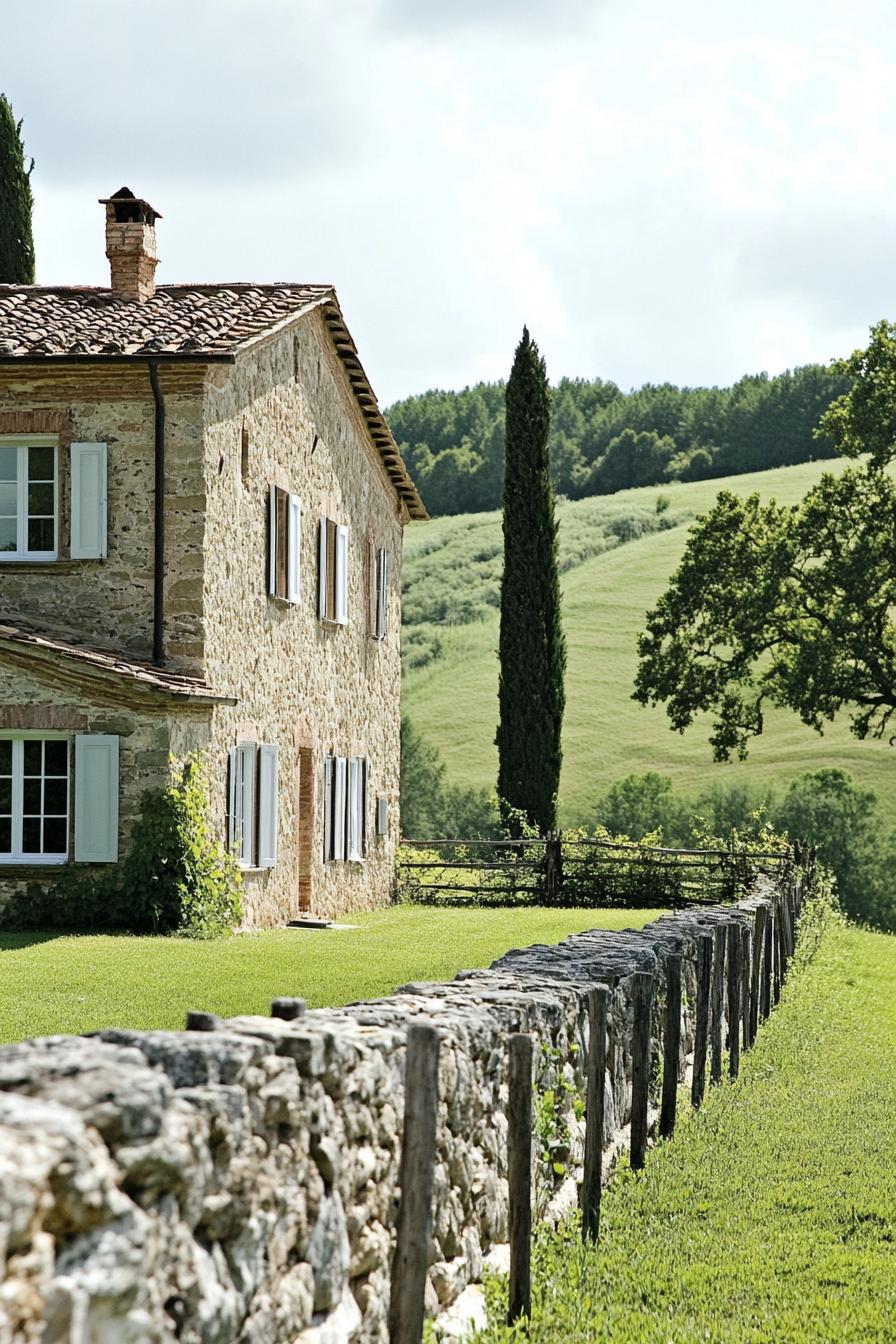 countryside Tuscan stone house with white windows large stone fence green hills in the background with trees 1